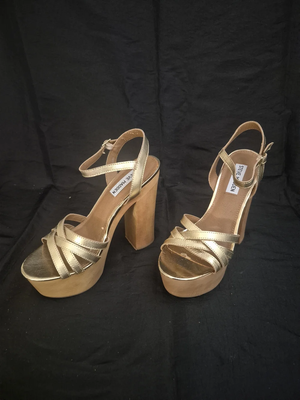 Steve Madden Metallic Gold Platform Sandals with Wood Block Heel